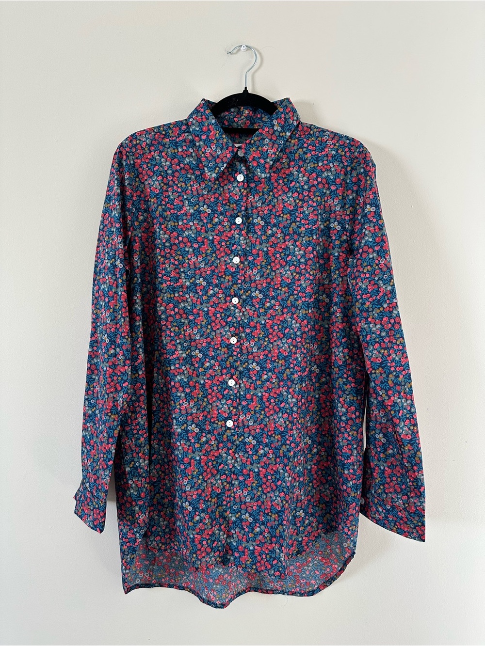 Navy Floral Button-Down Shirt with Pink Accents